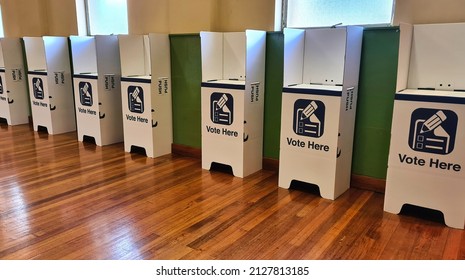 A Row of Voting Booths Ready for Election Day in Australia - Shutterstock ID 2127813185