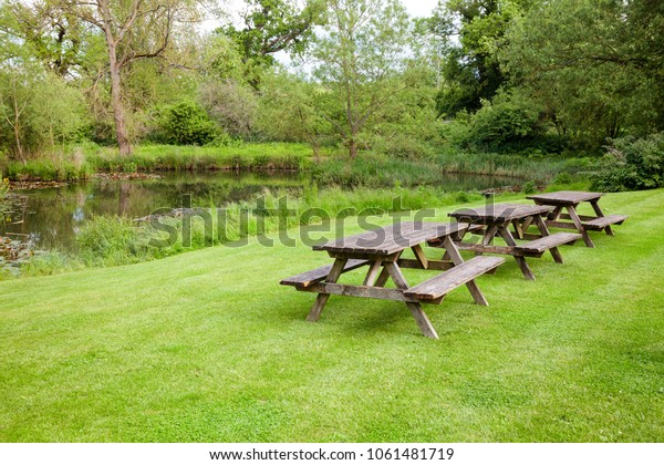Row Weathered Wooden Picnic Tables Benches Stock Photo Edit Now