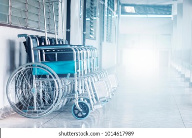 Row Wheelchairs in the hospital ,Wheelchairs waiting for patient services.