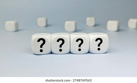 Row of White Dice with Question Mark Symbols on Blue Background Representing Uncertainty, Decision Making, Problem Solving and Business Strategy. 