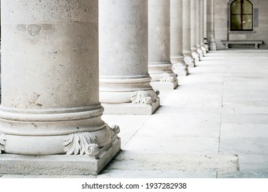 Row of white marble columns. Greek marble pillars detail