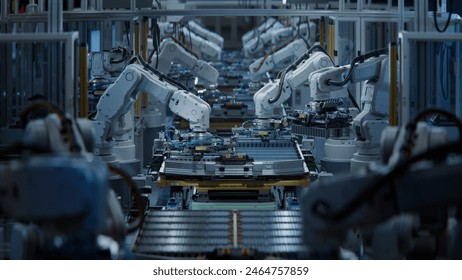 Row of White Robotic Arms at Automated Production Line at Factory. Electric Car Manufacturing Line. Industrial Robot Arms Assemble Lithium-Ion EV Battery Pack. Inside Automotive Smart Factory