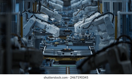 Row of White Robotic Arms at Automated Production Line at Factory. Electric Car Manufacturing Line Inside Automotive Smart Factory. Industrial Robot Arms Assemble Lithium-Ion EV Battery Pack. - Powered by Shutterstock