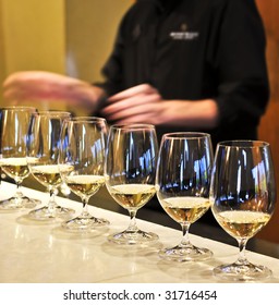 Row Of White Wine Glasses In Winery Tasting Event