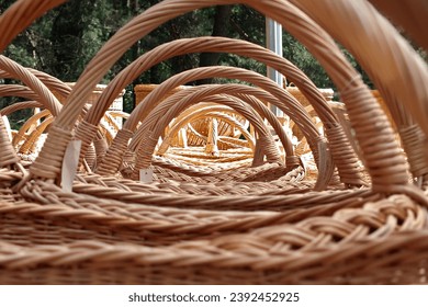 A row of wicker baskets.