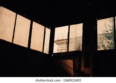 Row of windows. Building in the window. Look out the window. Factory window