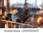 A row of wine bottles on a shelf in Wine cooler.