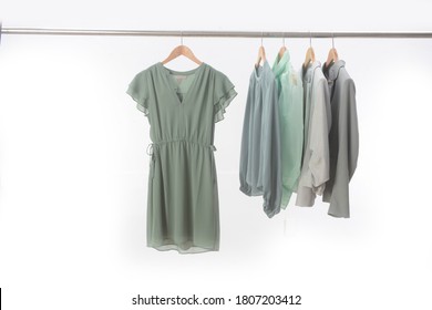 Row Of Woman Fashion Dress And Different Colors Suit ,shirt On Hanger