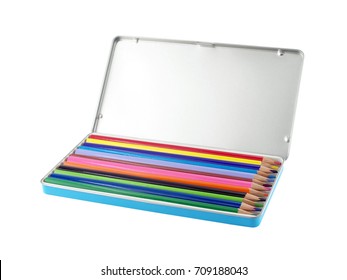 row of wooden colored pencils in open blue aluminum box isolated on white background, colorful crayons for drawing or painting artwork, concept back to school - Powered by Shutterstock