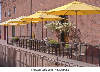 Row Of Yellow Umbrellas In An Outdoor Caffe Walla Walla WA.