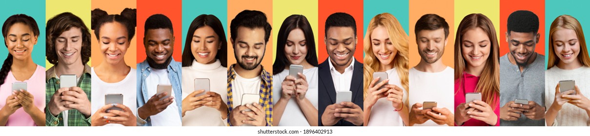 Row Of Young People Using Smartphones Texting On Different Colorful Backgrounds. Collage Of Portraits, Ladies And Men Using Phones And Mobile Application, Browsing Internet. Panorama