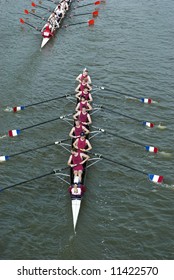 Rowers In Eight-oar Rowing Boats On River Thames In London, England – “The Head Of The River Race”