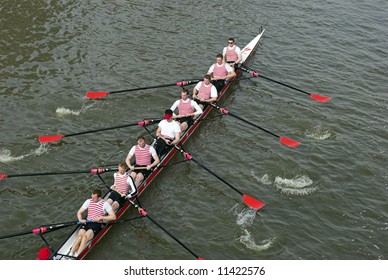 Rowers In Eight-oar Rowing Boats On River Thames In London, England – “The Head Of The River Race”