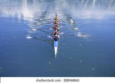 Rowers in eight-oar rowing boats on the tranquil lake - Shutterstock ID 308968865