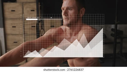 Rowing shirtless man pulling handle while glancing right in gym, showing overlay chart and plates. Fitness, training, strength, cardio, focus, discipline, motivation