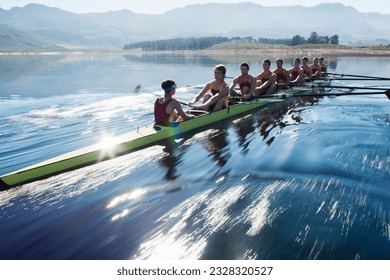 Rowing team rowing scull on lake - Shutterstock ID 2328320527