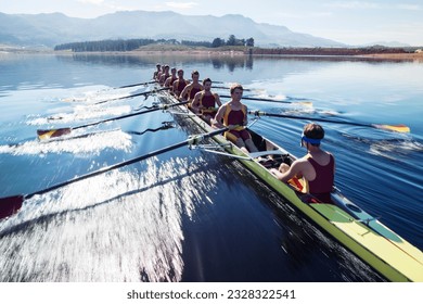 Rowing team rowing scull on lake - Shutterstock ID 2328322541