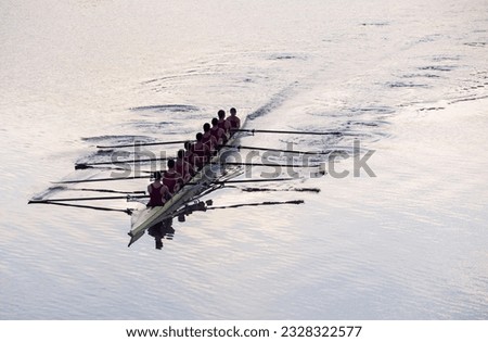 Rowing team rowing scull on lake