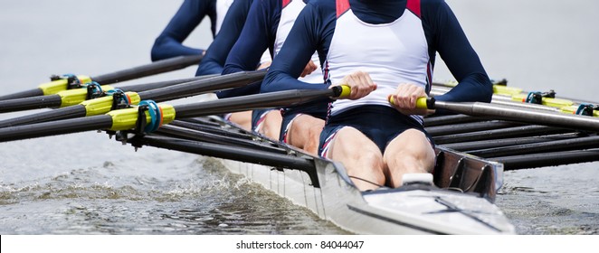 Rowing team at the start of a regatta