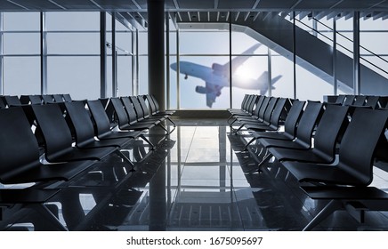 Rows of black chairs at airport and a plane take off against sunlight - Shutterstock ID 1675095697