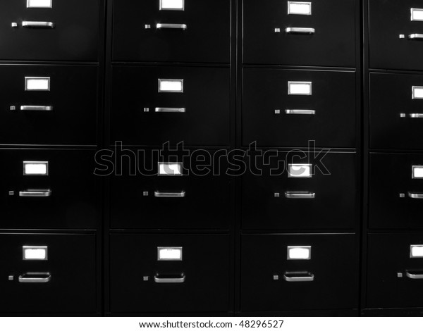 Rows Black Filing Cabinets Blank White Stock Photo Edit Now 48296527