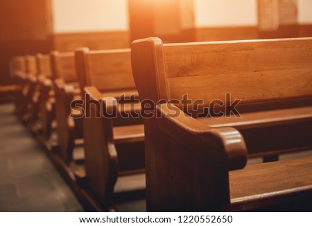 Rows of church benches. Selective focus. Beautiful background