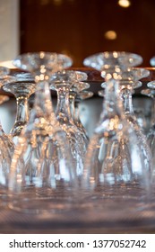 Rows Of Clean Empty Beer Glasses Turn Upside Down On Counter Bar