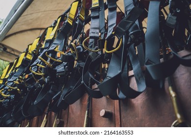 Rows of climbing safety ropes and carabiners and helmets - Shutterstock ID 2164163553