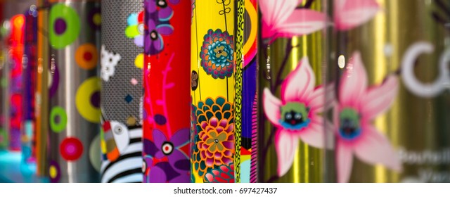 Rows of colorful multitextured objects with small focus zone and nice bokeh