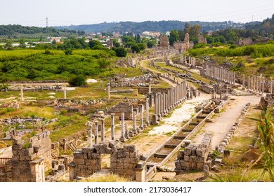 Rows of columns in Perge, Antalya, Turkey. Remains of colonnaded street in Pamphylian ancient city. - Shutterstock ID 2173036417