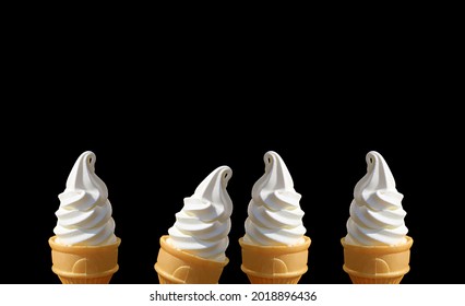 Rows of Delectable Vanilla Soft Serve Ice Cream Cones on Black Background with Copy Space
