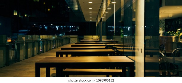 Rows of dining table in shopping mall
