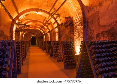 Rows of dusty champagne bottles in Reims cellar, France