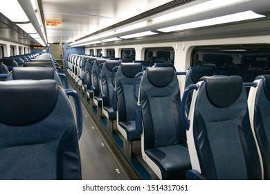 Rows of empty seats on public city train