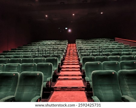 Rows of empty theater seats sit neatly in the dim light, silent without viewers.
