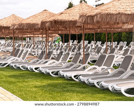 Rows of empty white lounge chairs under thatched sun umbrellas on green grass at a resort, ready for guests to relax and enjoy the sunny outdoor pool area. energylandia Poland, Zator, 1.06.2026