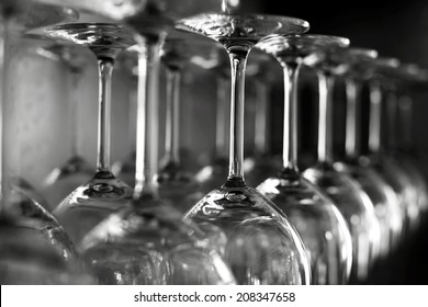 Rows Of Empty Wine Glasses On The Showcase, Black And White Photography