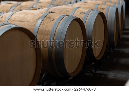 Rows of french and american oak barrels with red dry wine in cellars of winery in Rioja wine making region, Spain