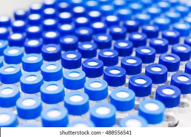 Rows of glass vials in the tray automatic liquid dispenser. Laboratory chemical equipments. Shallow depth of field