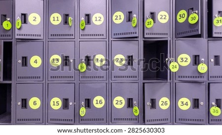 Rows of gray storage lockers with yellow numbered stickers and matching key tags in a cloakroom. Concept of public safety, luggage storage, and facility decor.