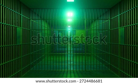 Rows of imposing green prison bars and doors form a long, narrow corridor, illuminated by bright lights, evoking a sense of confinement and isolation