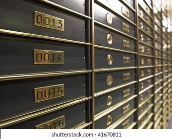 Rows Of Luxurious Safe Deposit Boxes In A Bank Vault