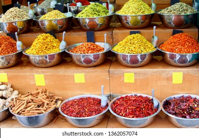 Rows Of Modern Metal Bowls With  Variety Of Colorful Oriental Spices And Herbs, Grocery Store, Souk (Shuk) In Middle East