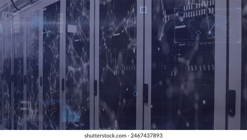 Rows of modern server racks with digital data overlays suggesting data center. High-tech environment with advanced equipment and infrastructure supporting IT operations