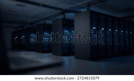 Rows of modern server racks displaying active blue and green indicator lights, showcasing the advanced technology of a data center