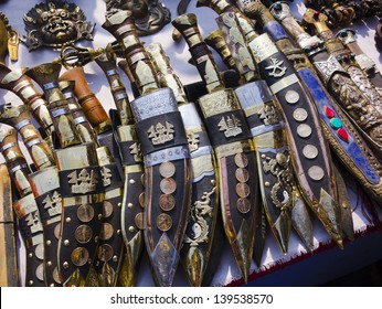 Rows of Nepali knife (khukri) for sale in Kathmandu, Nepal