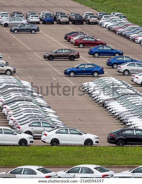 Rows of a new cars parked in a distribution\
center on a car factory\
parking.