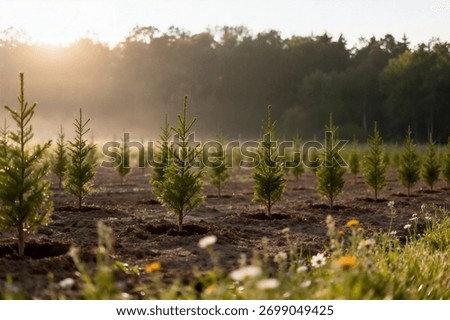 Rows of newly planted small pine tree saplings stretch across a field during a misty sunrise or sunset, suggesting large-scale reforestation efforts.
