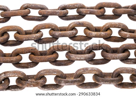 Rows of old iron rusty chain links isolated on white background 