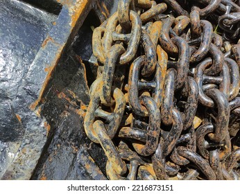 Rows Of Old Rusty Ship Anchor Chain Links, Close-up